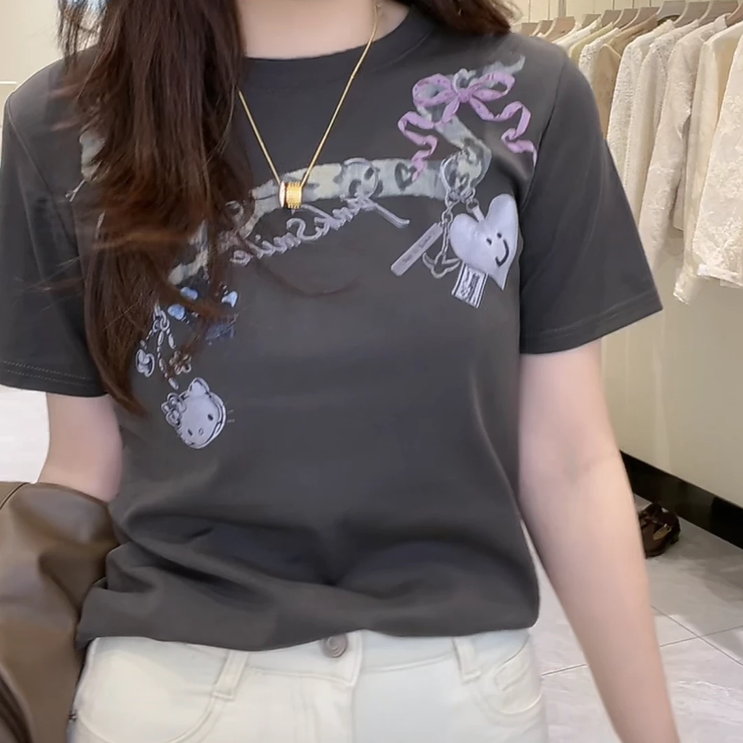 设计感爱心小蛇印花短袖T恤女2025新款春夏显瘦小众时尚半袖上衣