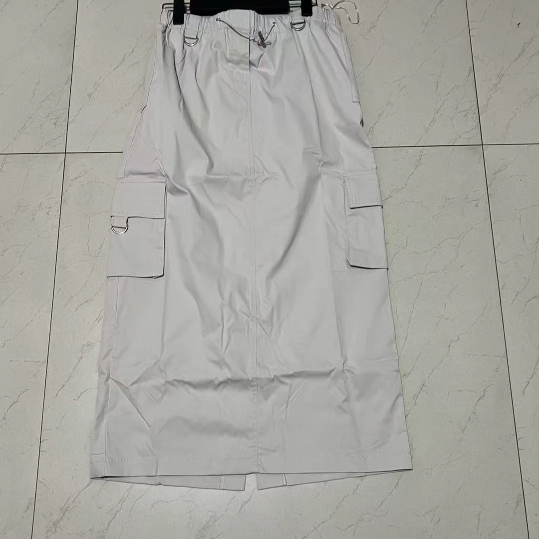 休闲口袋工装裙松紧腰直筒中长款后开叉半身裙