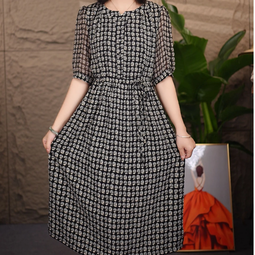 938夏季新款时尚气质显瘦宽松连衣裙中长款收腰过膝妈妈装裙子