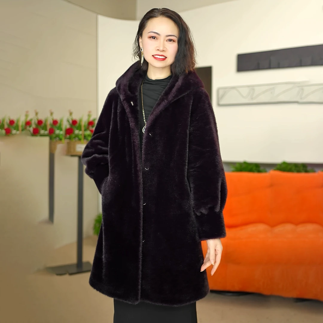 666中长款气质大衣中老年妈妈装宽松连帽带帽冬季皮毛一体上衣
