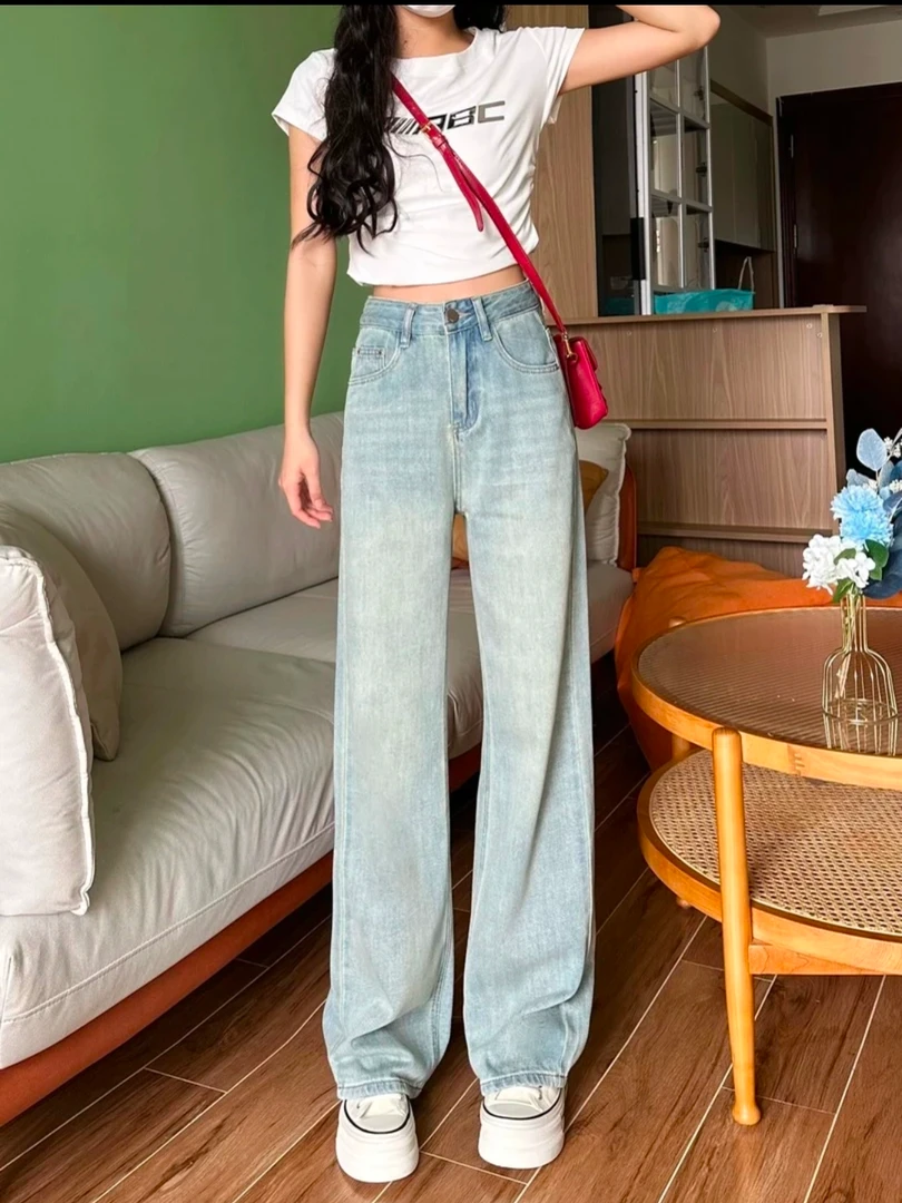 冰川蓝柔软面料超做旧水洗级显瘦刺绣款夏季新款百搭直筒牛仔裤子