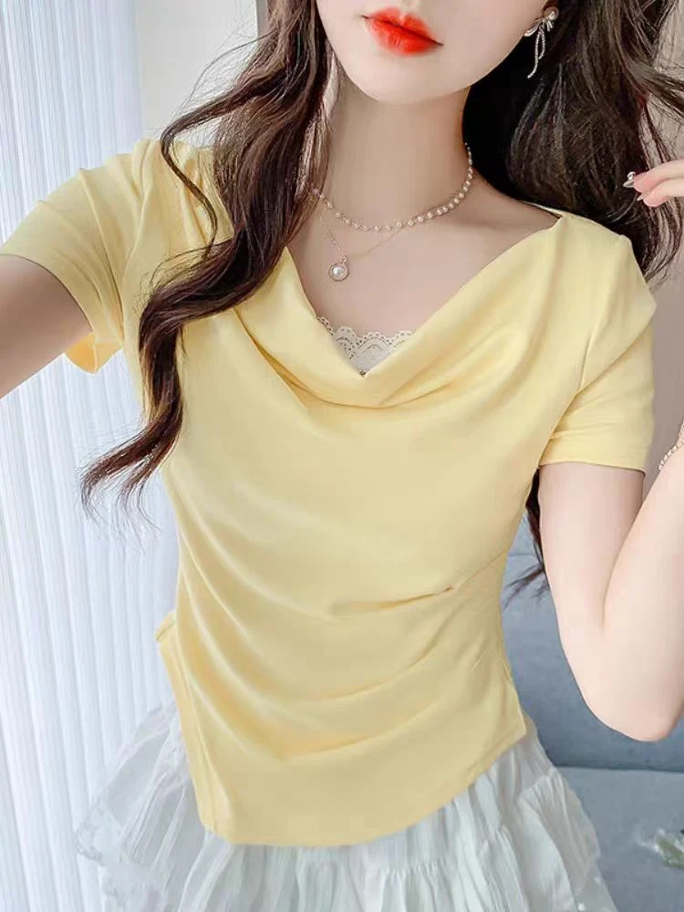 欧若风一字肩短袖T恤女夏季甜辣设计感褶皱修身百搭老钱风女装