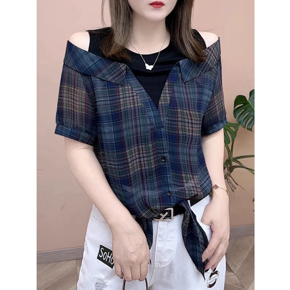 衬衫女2025夏季新款时髦洋气露肩T恤设计感百搭显瘦气质格子衬衣