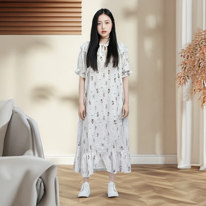 短袖夏季印花荷叶边薄款休闲睡裙甜美时尚中长款裙子气质显瘦