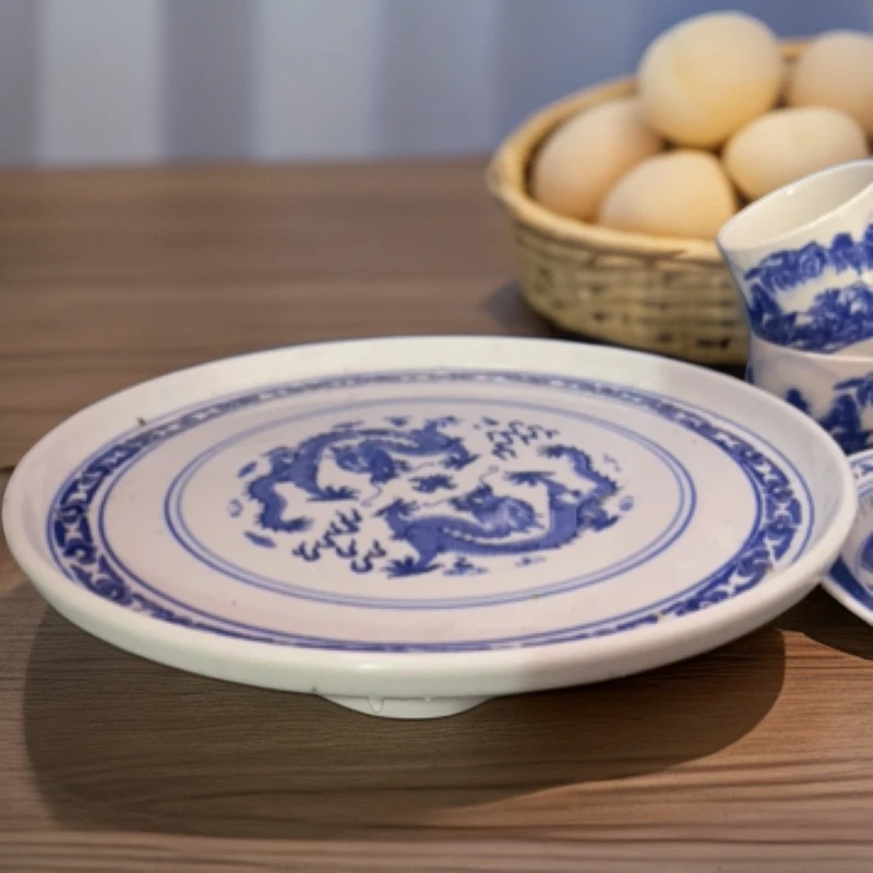 景德镇陶瓷青花釉下双龙大茶盘 壶承