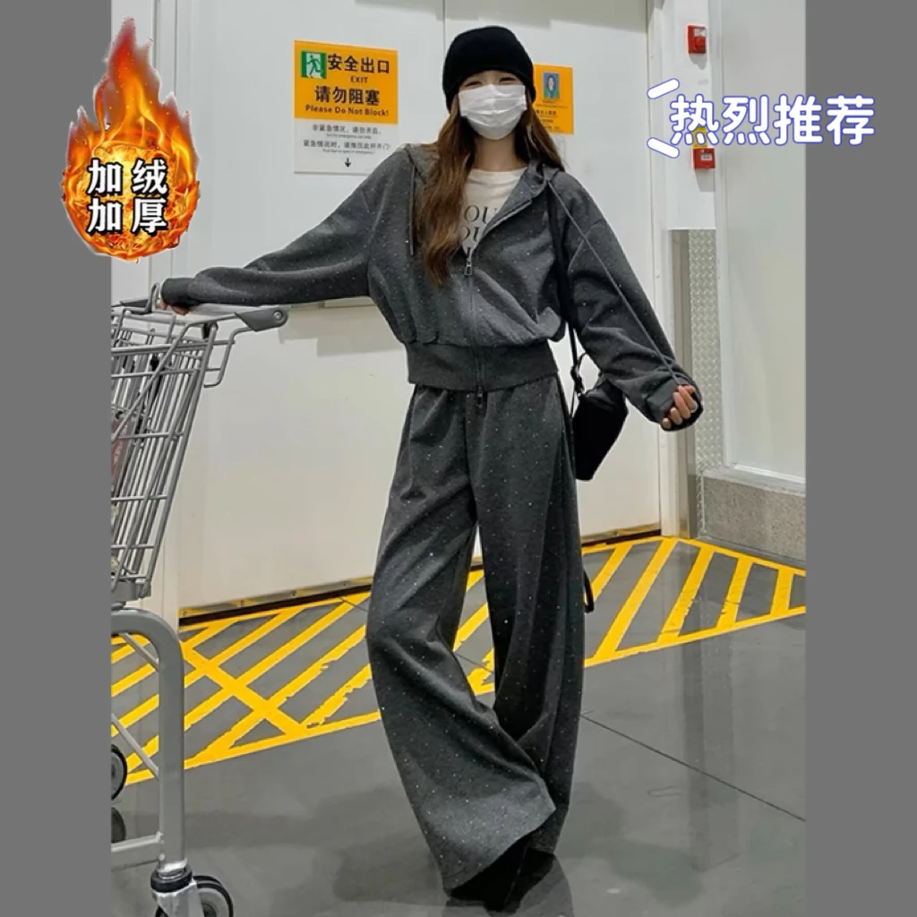 加绒加厚韩系东大门连帽卫衣运动套装女新款烫钻撒金套装123