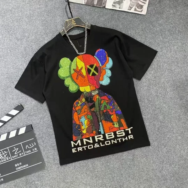 上衣时尚夏季黑色潮流印花设计师卡通烫钻休闲百搭半袖春夏宽松