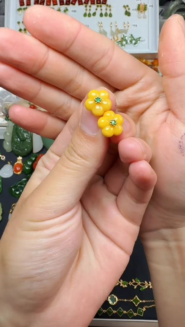 银S925镶嵌蜜蜡耳饰花花耳钉06