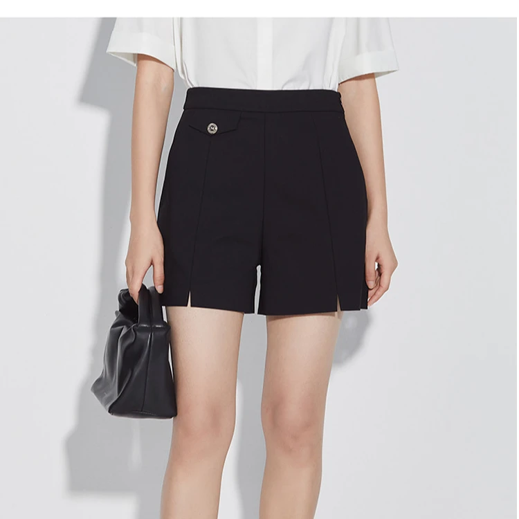 【曼德诗】高腰A版廓形休闲裤夏季时尚开叉简约西装短裤M110028