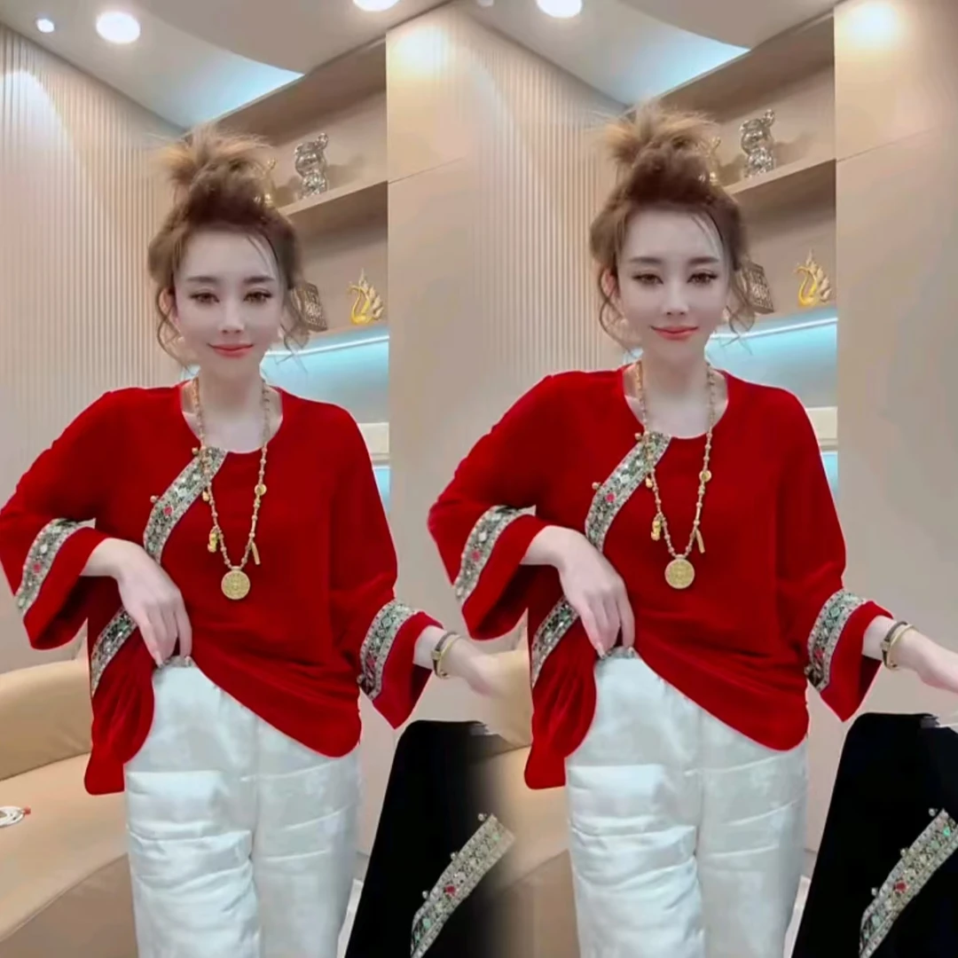 D1203秋冬新款新中式丝绒拼接彩色刺绣衫民族风上衣