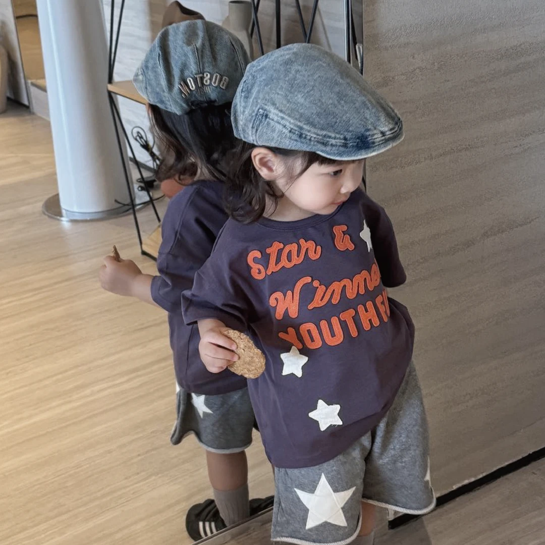 【现】25345儿童亲子款小星星字母贴布绣百搭休闲短袖T恤