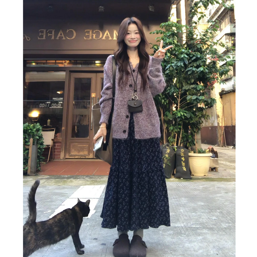 parkyeon韩版秋冬时尚洋气时髦针织毛衣开衫穿搭女碎花半身裙子