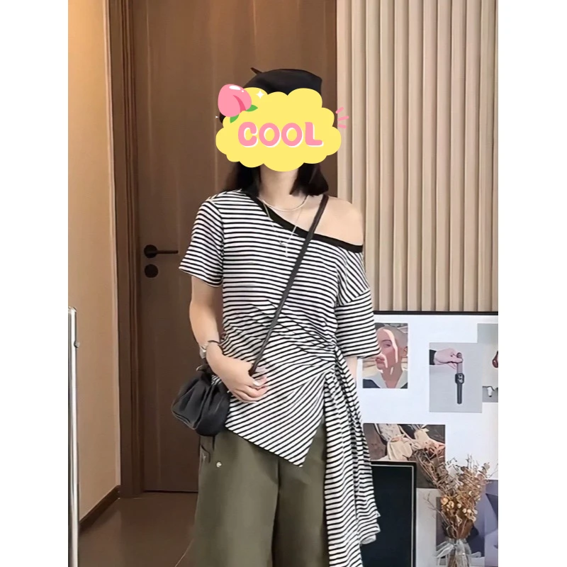 大码设计感时尚韩系休闲不规则条纹斜肩短袖女6555#