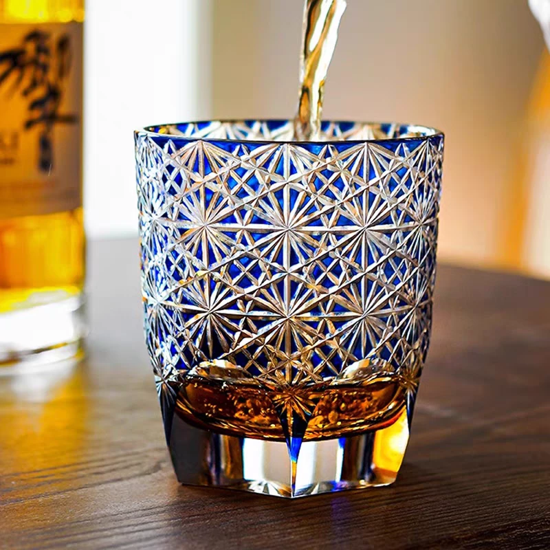 江户切子蓝雏菊纯手工水晶杯蓝色创意威士忌杯啤酒杯送礼个性加厚