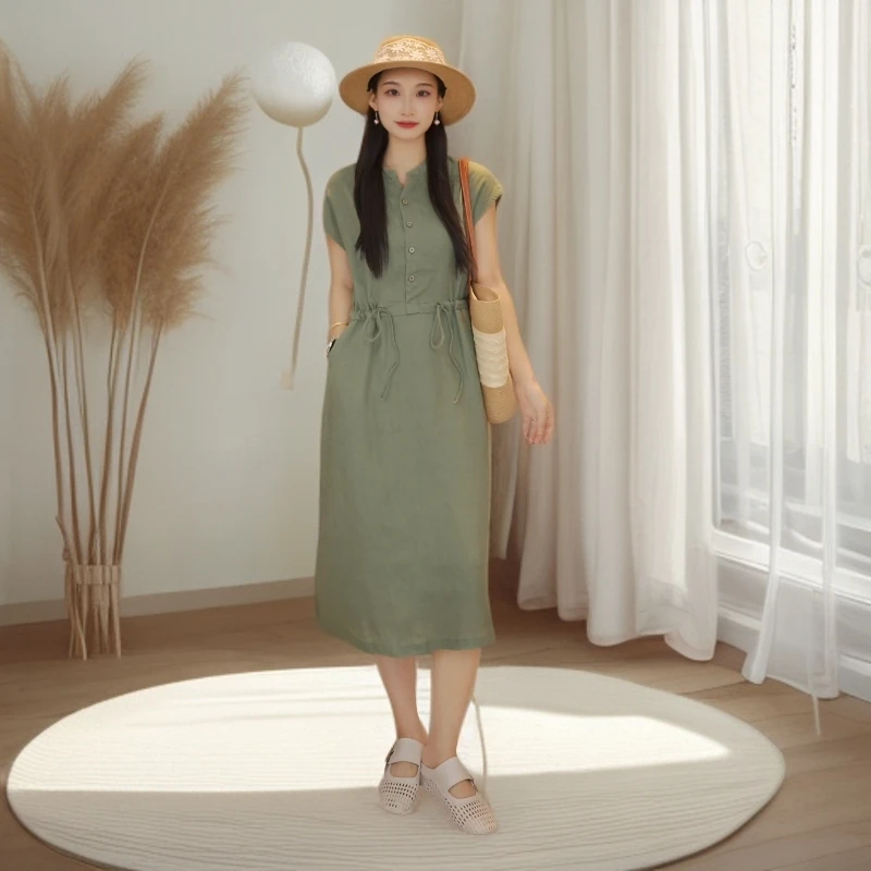 「亚麻系」夏季新款100纯雨露亚麻极简纯色飞袖绿色连衣裙气质百搭
