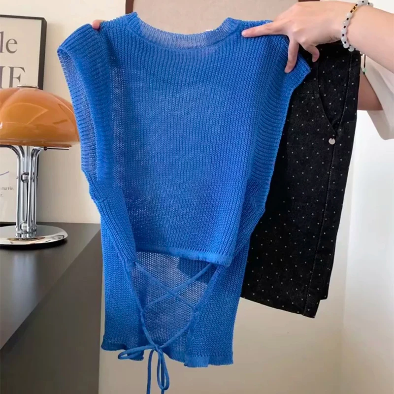 复古蓝色收腰针织短袖T恤女夏薄款设计感后背蝴蝶结绑带短款上衣