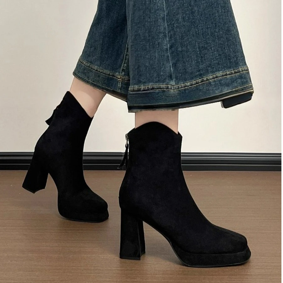 冬日爆表~法式短靴女高跟厚底防水台后拉链韩版秋冬黑色靴高跟鞋