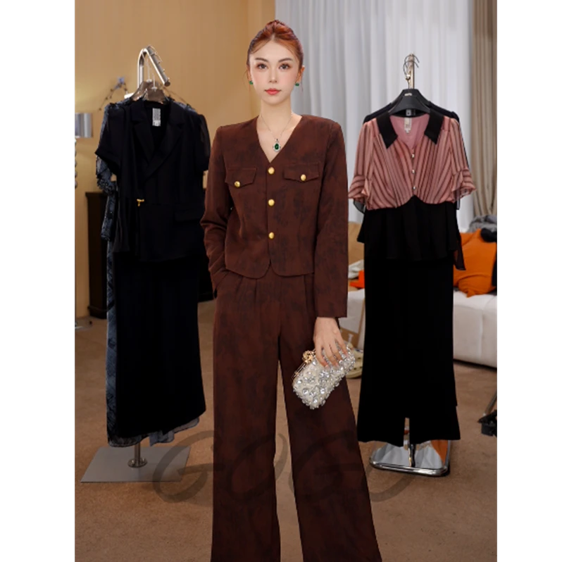 G9123时尚套装女2025春秋新款洋气高级显瘦短款外套阔腿裤两件套