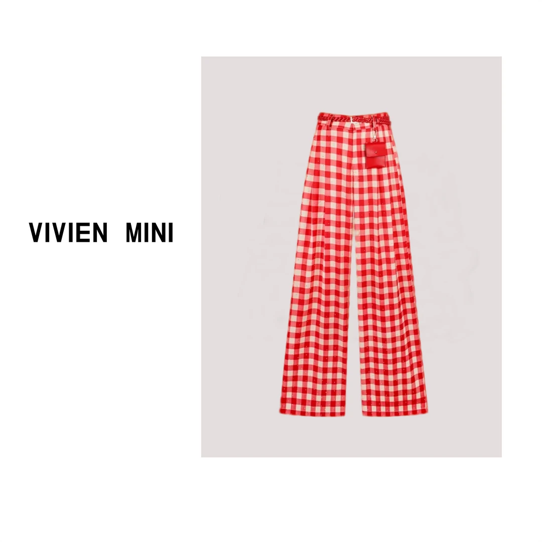 VIVIEN MINI【娜娜】轻奢洋气显高百搭直筒宽松烫钻红色格子休闲裤