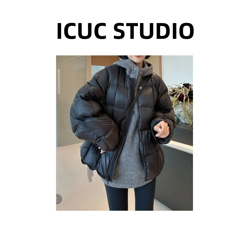 ICUC定制-【黑色方块圆领棉服外套】冬季新款宽松百搭加厚外套3305