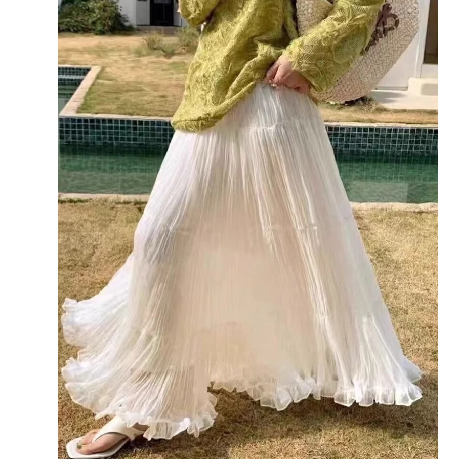 超大裙摆高级显瘦荷叶边下摆褶皱半身裙女25春夏层次感大摆A字裙