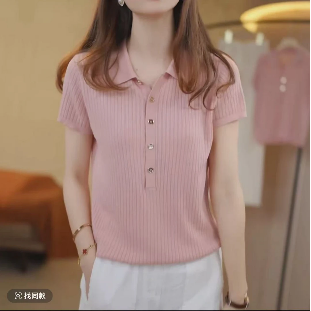 【半开方领】9夏季2025薄款新款POLO领修身显瘦T恤百搭短袖上衣
