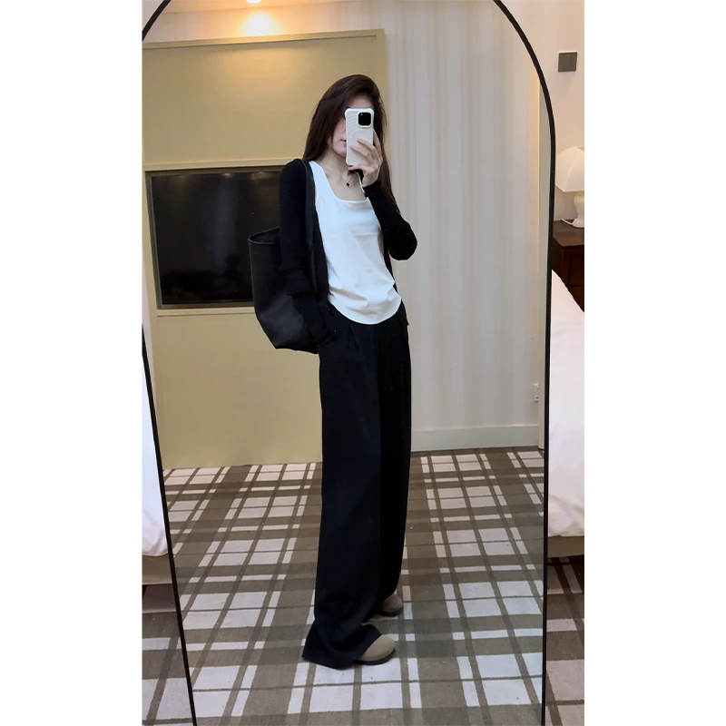 48H【一条裤王】高个子加长巨好穿黑色显瘦垂感拖地阔腿裤女 SP067