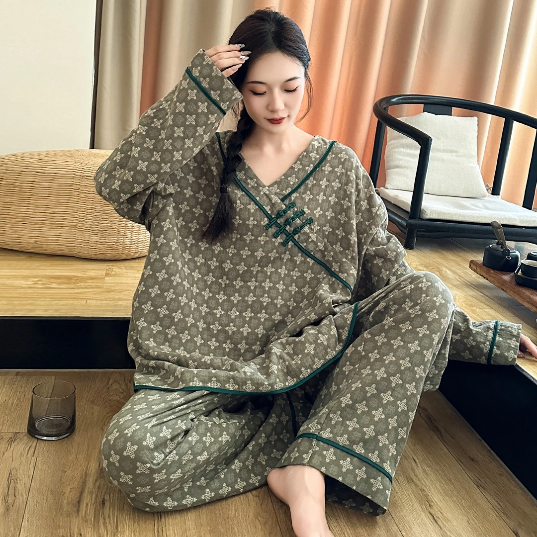 胖mm大码睡衣纯棉春秋宽松长袖家居服复古国风全棉纱布套装200斤
