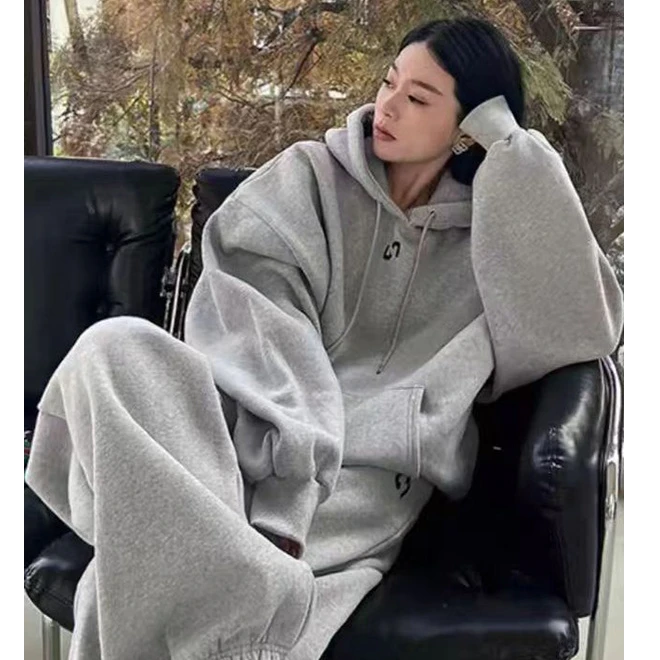 特大码300斤慵懒风运动服套装女秋季休闲宽松时尚卫衣连帽两件套