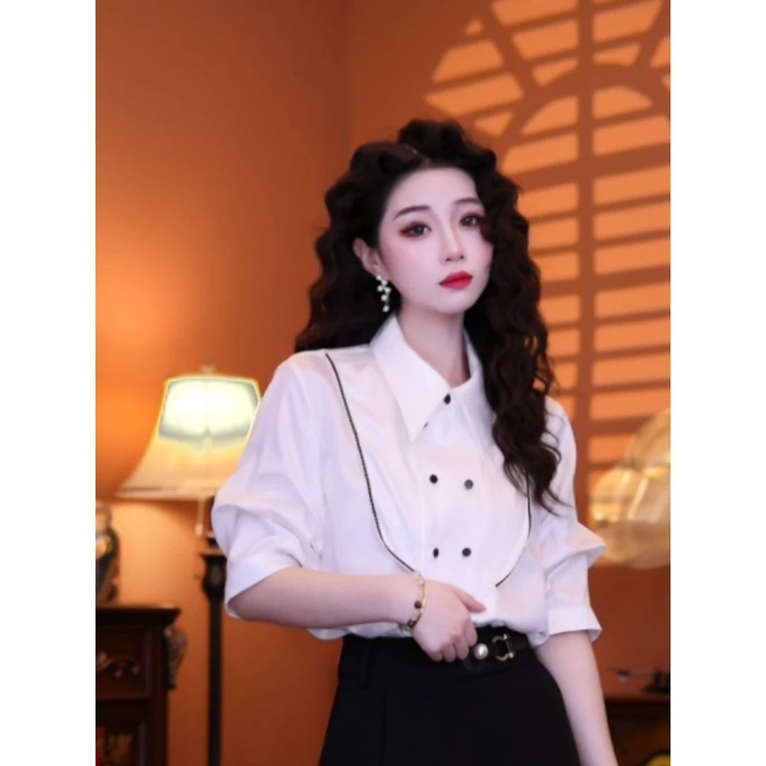 蒋肉肉【浮光月影】港味复古时尚气质短袖上衣01936