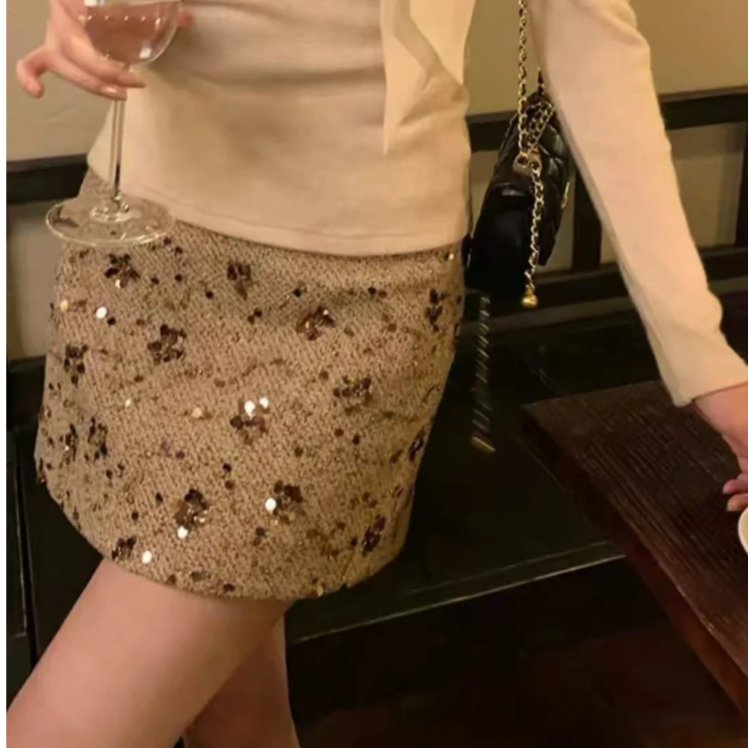6814-小香风亮片半身裙半身裙女秋季高腰A字裙子