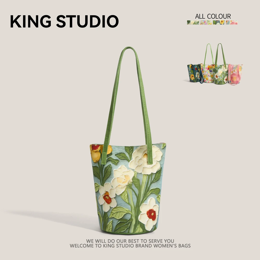 小众设计帆布包包女2025新款潮油画花卉时尚百搭休闲水桶包单肩包