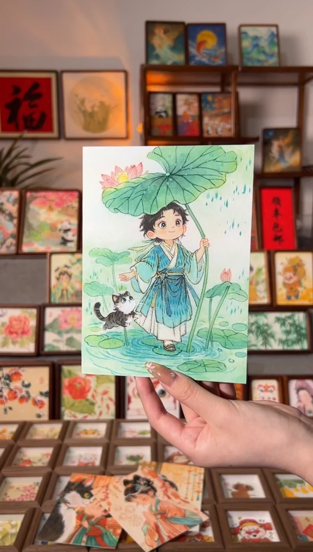 【闪购商品】国画荷花男孩 手绘国画7寸画芯