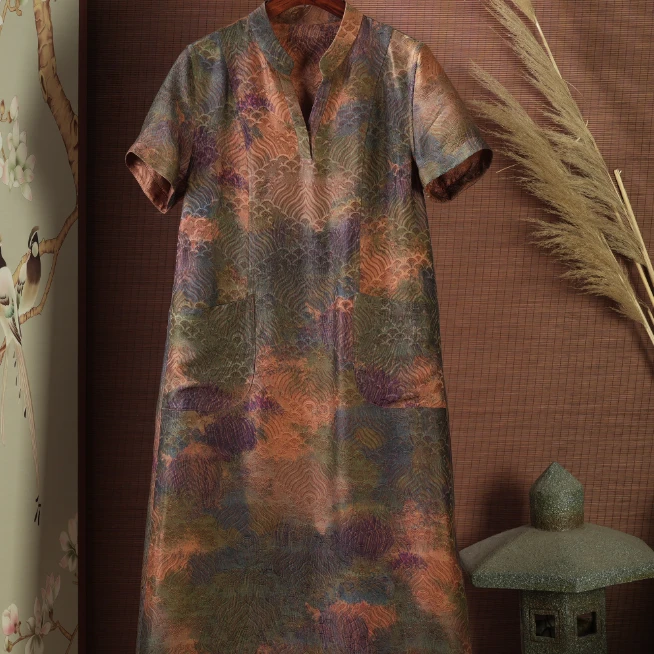 陈  新中式风桑蚕丝 丹霞柿子染连衣裙 239124