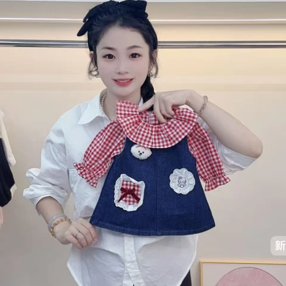 秋季女宝KT猫红格子牛仔连衣裙套装裙洋气宝宝早秋穿搭两件套