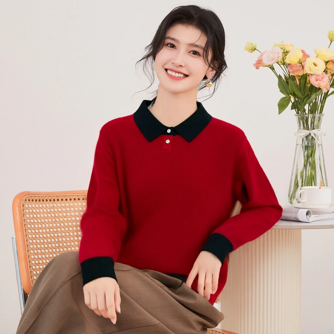 100%绵羊毛撞色翻领休闲女式羊毛衫25DAK1510