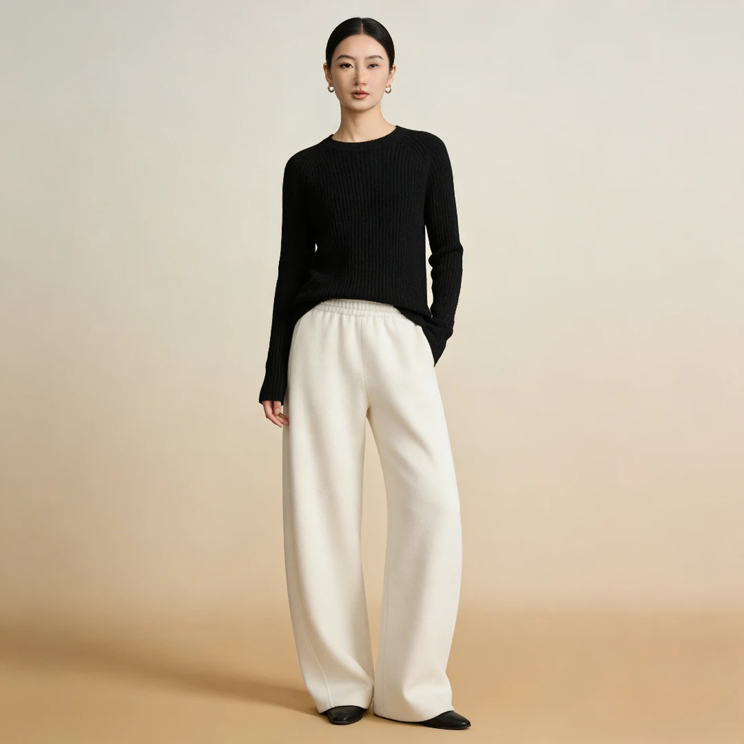 高定 羊毛弯刀裤休闲裤简约直筒裤松紧腰高腰秋冬黑色冬季03508