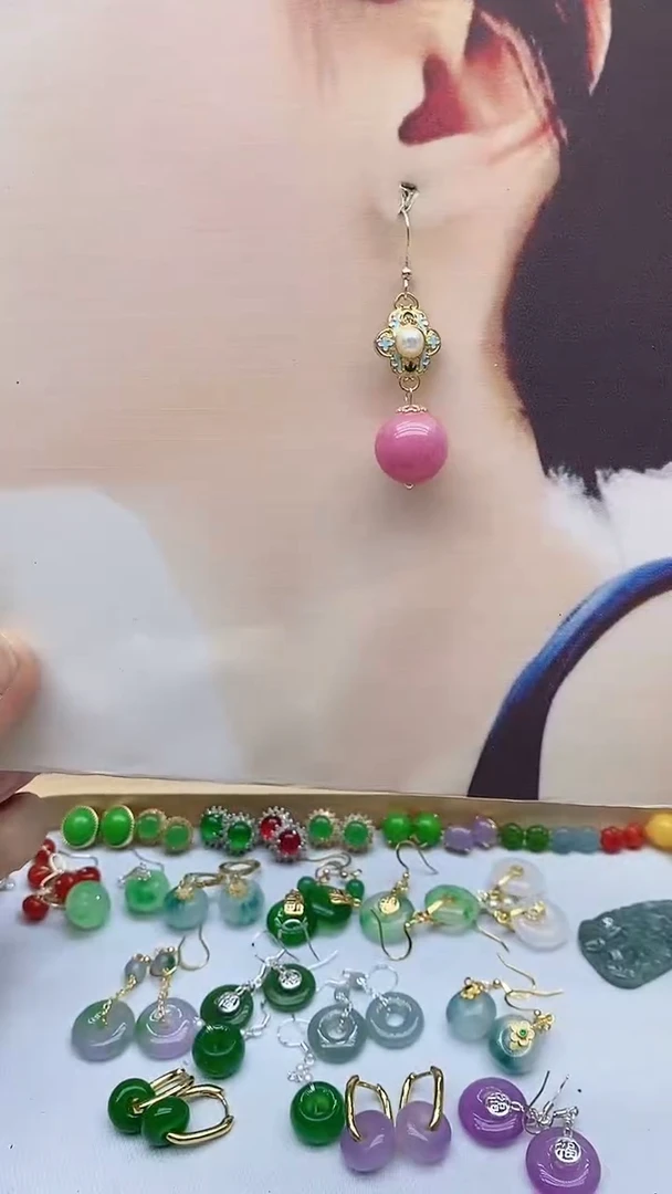 14K金镶嵌菱锰矿（红纹石）耳饰55