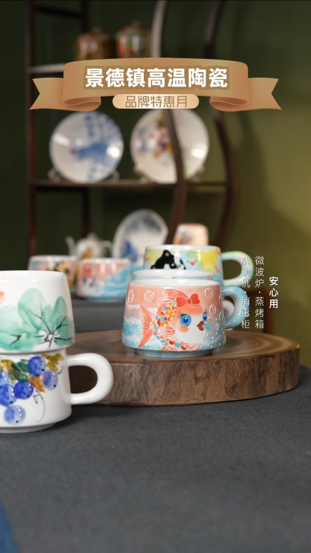 瓷景德镇高温手绘300CC把手杯粉鱼