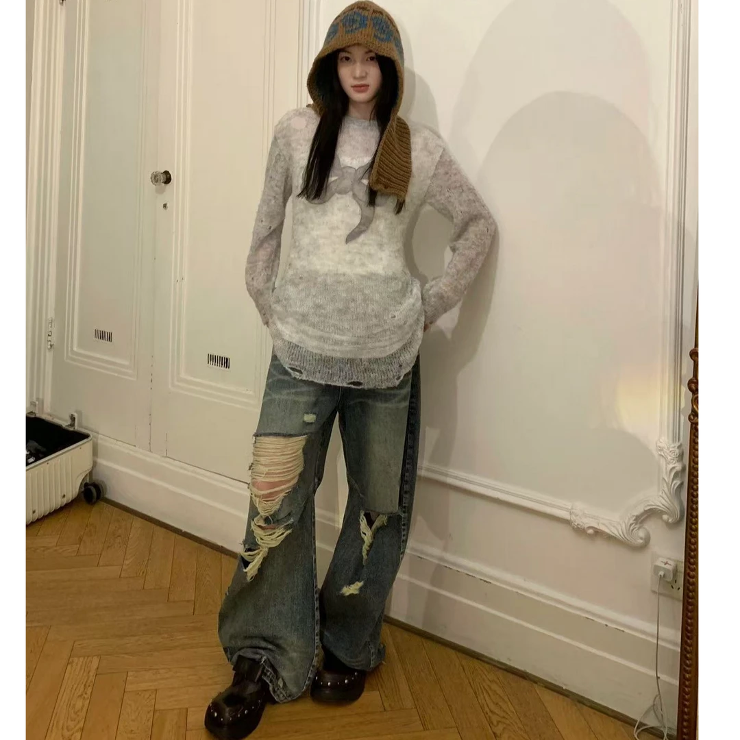 FORDARE 25SS新款 复古大破洞阔腿牛仔裤