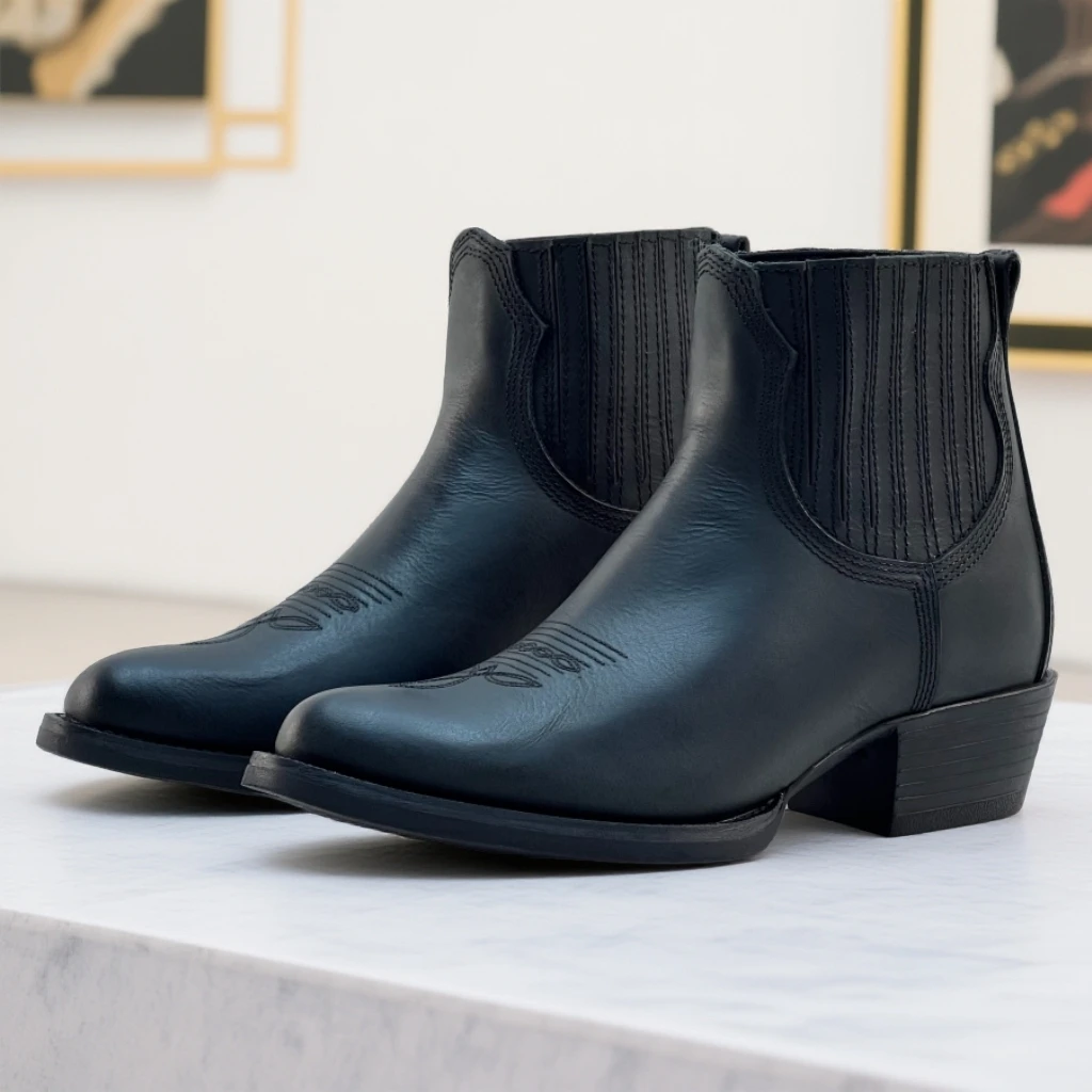 经典款牛皮马靴马术骑士马靴经典款切尔西短靴粗跟橡胶底男款百搭