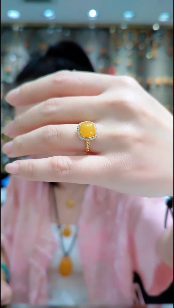 蜜蜡银S925镀金镶嵌珠宝奇石﹣A452蜜蜡戒指