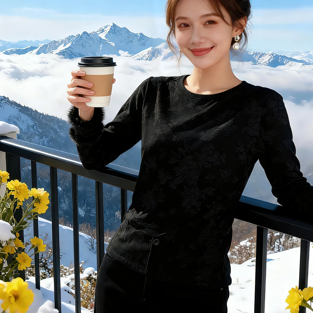 新中式国风提花毛口袖口加绒圆领宽松长袖打底衫T恤女