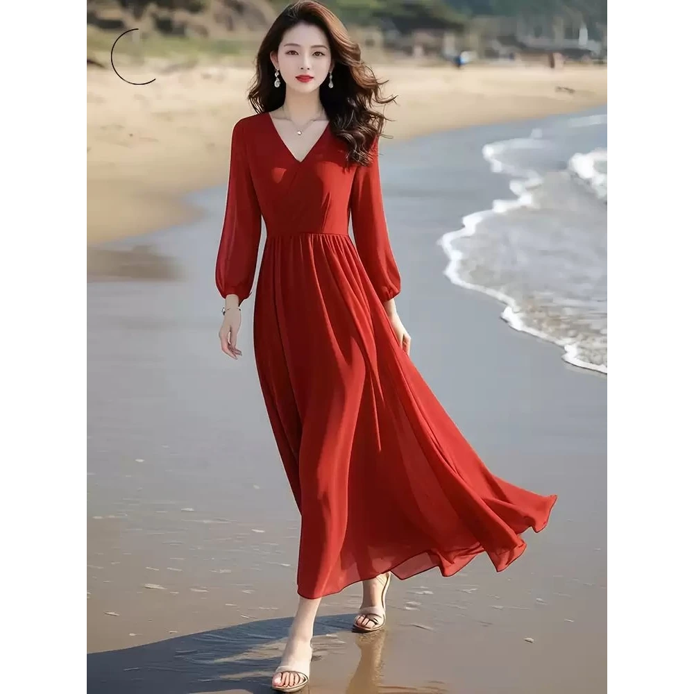 红色真丝连衣裙2025春夏新款收腰显瘦高档大摆海边度假沙滩长裙子