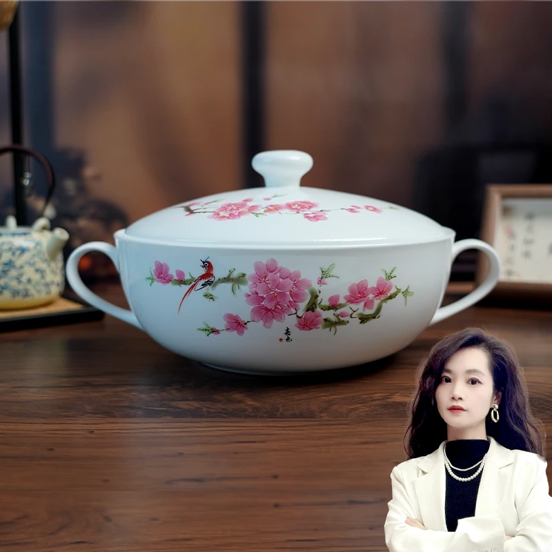 【百善瓷业】粉彩水点桃花双耳汤煲