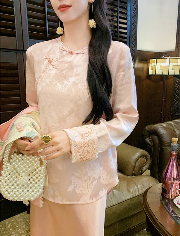 【果果专属】新中式刺绣圆领植物花卉套装2025春季女刺绣提花上衣