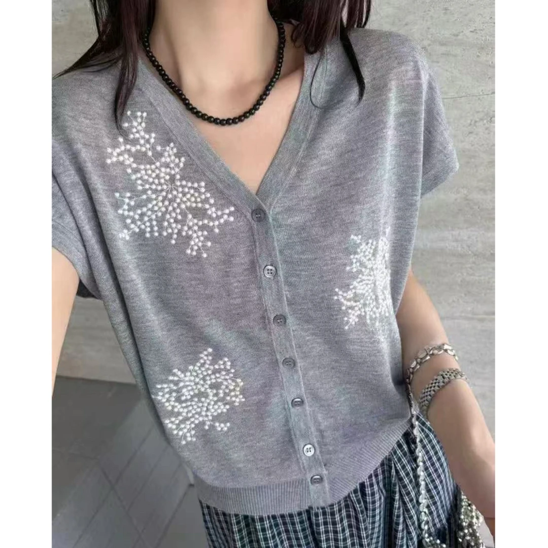 丽丽家~满天星灰短袖气质时尚百搭夏季宽松V领假开衫