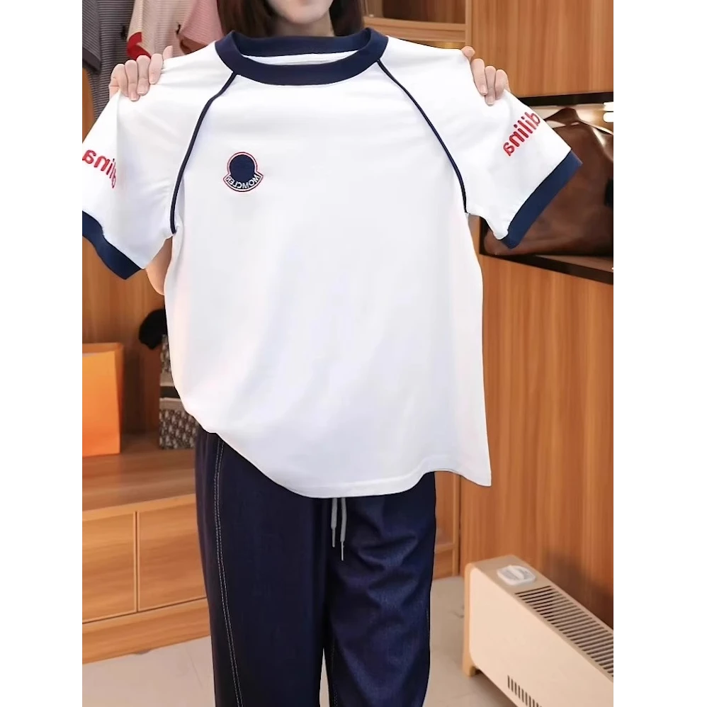 白色短袖T恤女装夏季新款韩系字母刺绣撞色圆领宽松半袖体恤上衣