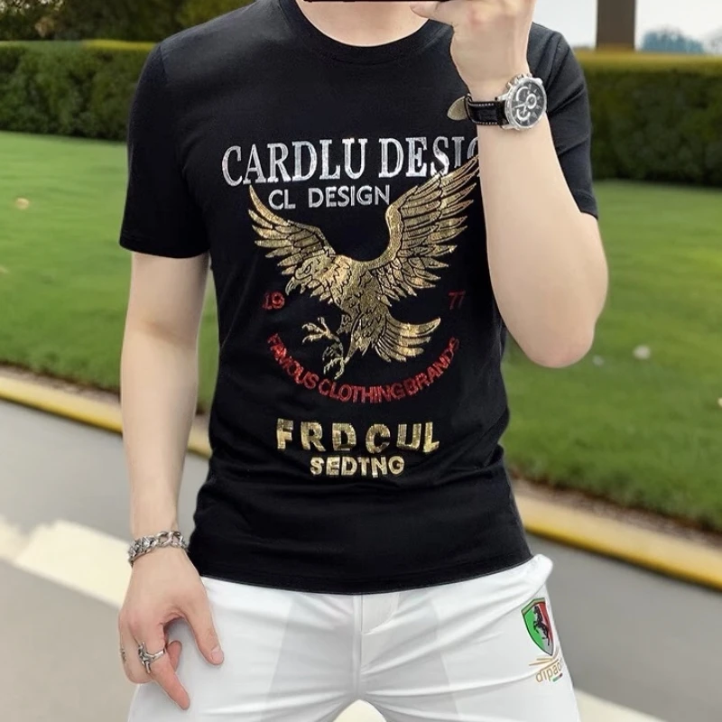 2025夏季新款短袖T恤男士韩版修身老鹰亮片烫钻欧货潮牌帅气男装