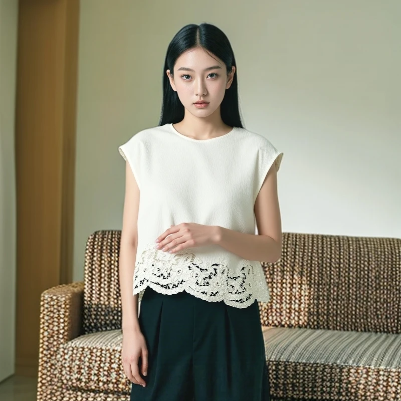 2025新款爆款上衣高档欧货时尚减龄飞飞袖蕾丝花边设计短袖T恤女